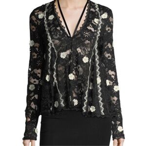 ALEXIS Black Lace Plunge Neckline Long-Sleeve Blouse, Medium